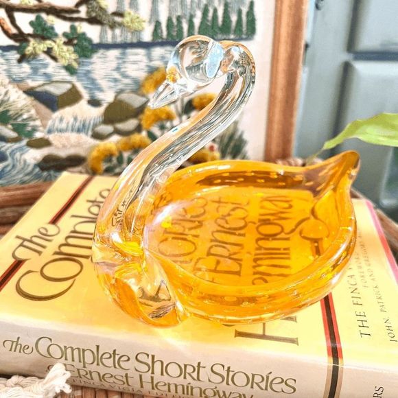 Viking Other - Vintage Viking Vibrant Orange Controlled Bubble Glass Swan Trinket Dish